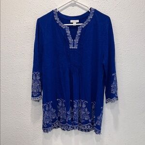 Charter Club Royal Blue Tunic Top with White Embroidery